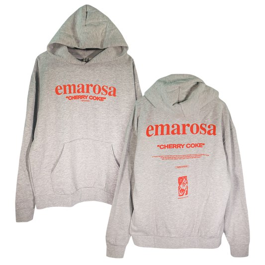 Two light gray Emarosa premium midweight unisex sweatshirt hoodies shown front and back, featuring large red "emarosa" text, CHERRY COKE branding, bold red graphics, and an oversized fit for ultimate comfort.