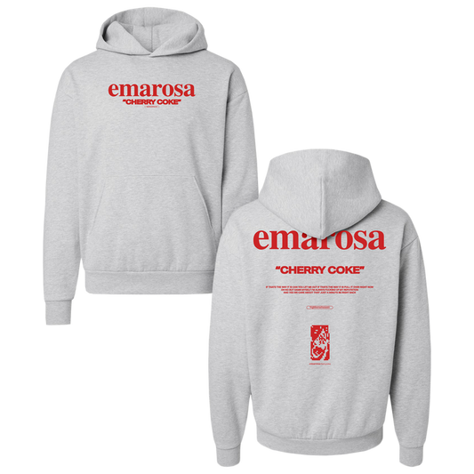Gray hooded sweatshirt by Emarosa featuring "emarosa CHERRY COKE" on the chest. Back showcases larger "emarosa," "CHERRY COKE," and soda label-inspired graphics.