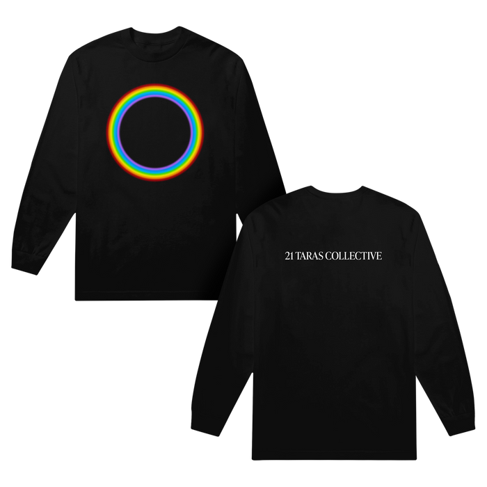 Black long-sleeve shirt with a rainbow circle design on the front and '21 Taras Collective' text on the back.