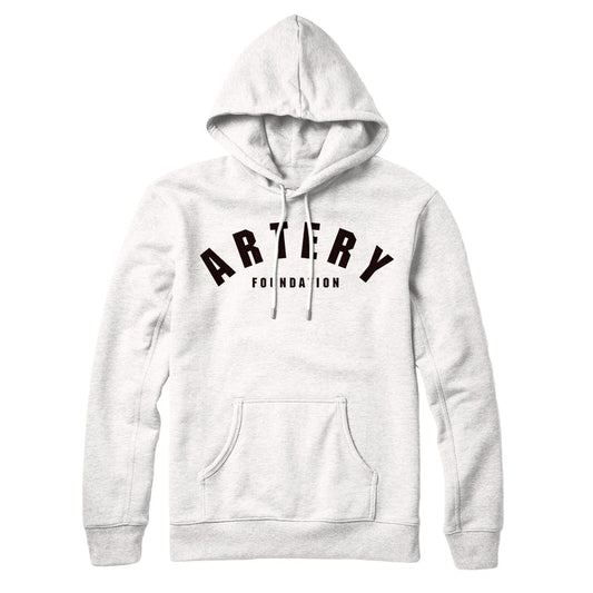 A light gray, classic fit Artery Foundation hoodie with a front pocket and drawstrings. This midweight, ring-spun cotton fleece pullover features ARTERY FOUNDATION in bold black uppercase letters across the chest.