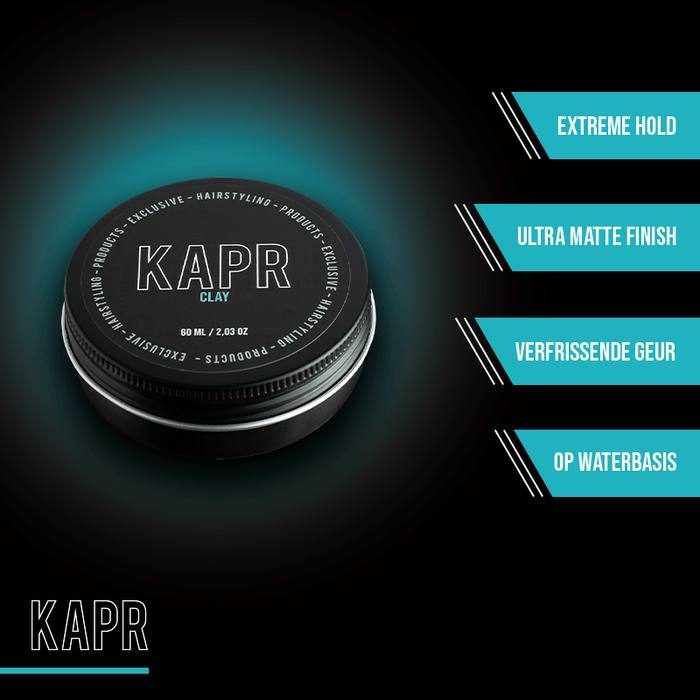 KAPR Clay – zwarte pot met tekst: extra hold, matte finish, frisse geur, op waterbasis.