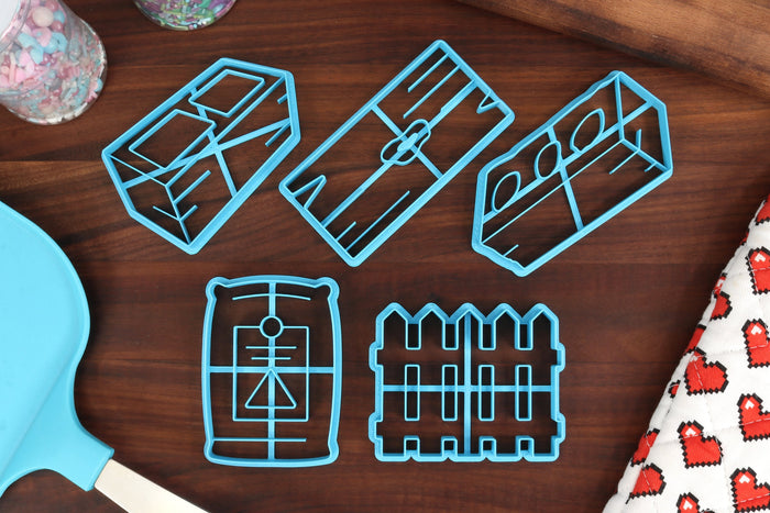 Construction Materials Cookie Cutters, Set 1 - Bag of Cement, Cinderblock, Picket Fence, Plank of Wood, Red Brick - Constructing Necessities