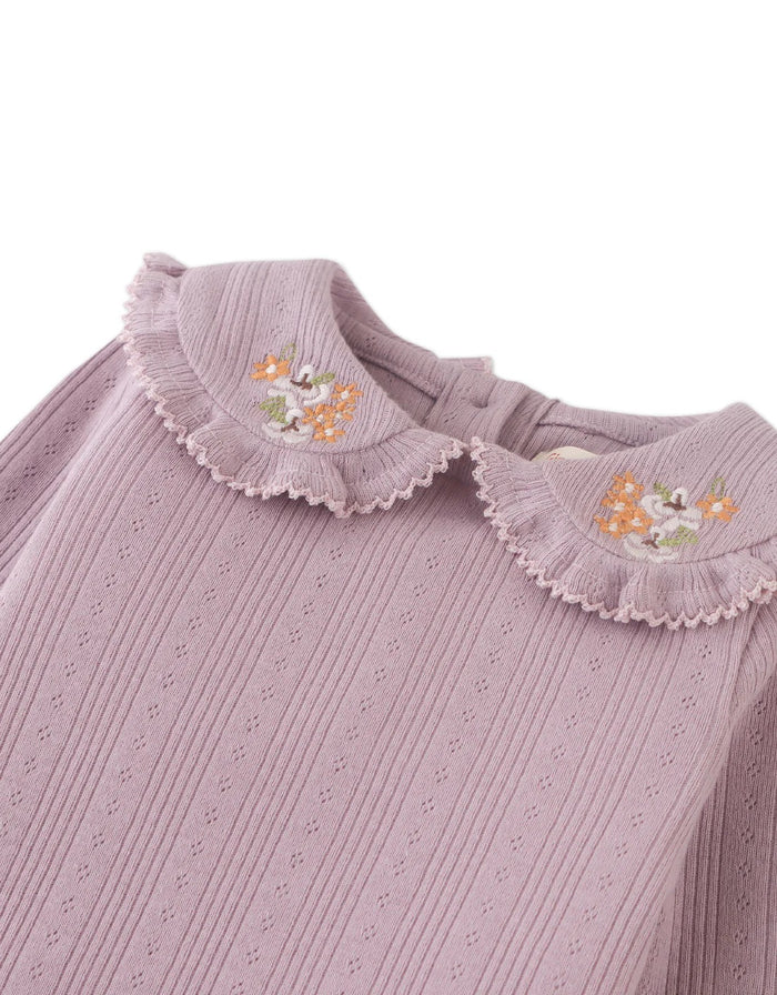 Cora Long Sleeve Top With Embroidered Collar