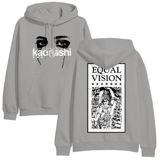 Light gray Kaonashi pullover hoodie shown front and back. Front displays stylized black eyes above the text "kaonashi." Back has a large black-and-white illustration with EQUAL VISION RECORDS at the top. Ideal for fans of printed hoodies.