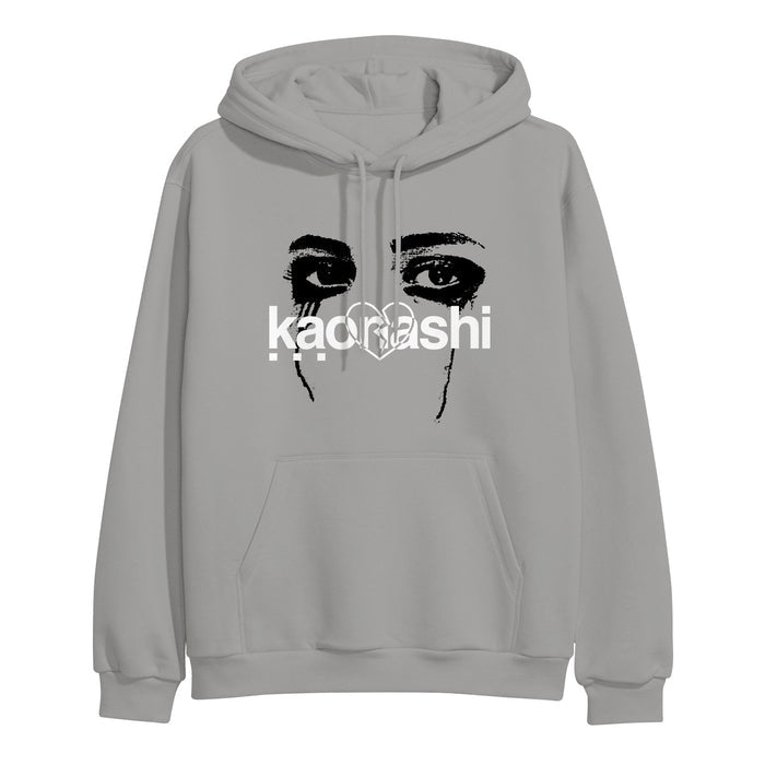 Light gray Kaonashi pullover hoodie with a black and white graphic of intense eyes and eyebrows above "kaonashi" in bold, stylized white text across the chest.