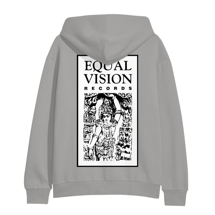 A gray Kaonashi pullover features a large rectangular graphic on the back with "EQUAL VISION RECORDS" above a detailed black-and-white illustration of a person in traditional attire surrounded by ornate designs.