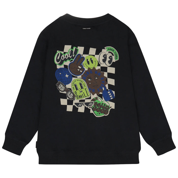 Black sweatshirt with colorful graphics and text