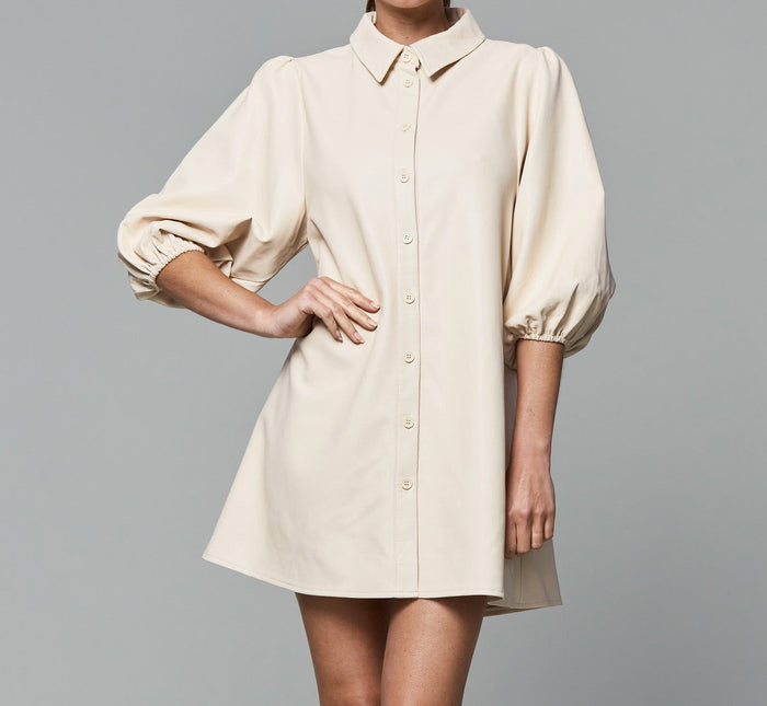 Close up front view of Dolce Cabo Soft Vegan Leather Dress in Creme
