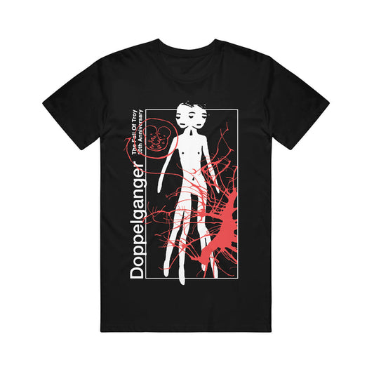 Printed on premium American Apparel, this black T-shirt from The Fall of Troy features abstract art of a pale humanoid with red branches, red splatter, and “Doppelganger” and “The Kill of Troy: The Final Mystery” text.