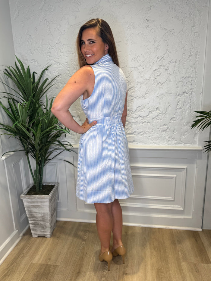 Model with hand on hip in front of a white wall in the Duffield Lane Ridley Dress - Sky Seersucker. A knee length, seersucker dress with a collar, tailored waist, and gold buttons down the front