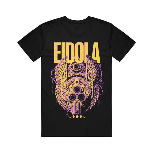 Eidola black t-shirt featuring bold yellow "EIDOLA" text above a detailed purple and yellow stylized mask graphic with geometric patterns and lightning accents.