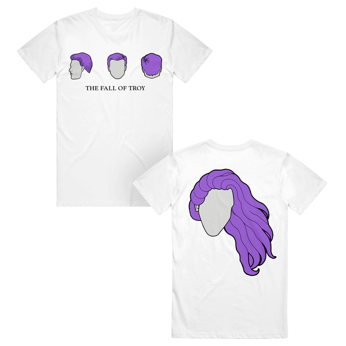 The Fall of Troy white American Apparel T-shirt with three stylized purple-haired head profiles and band text on the front, plus a large back print of a head with long, wavy purple hair.