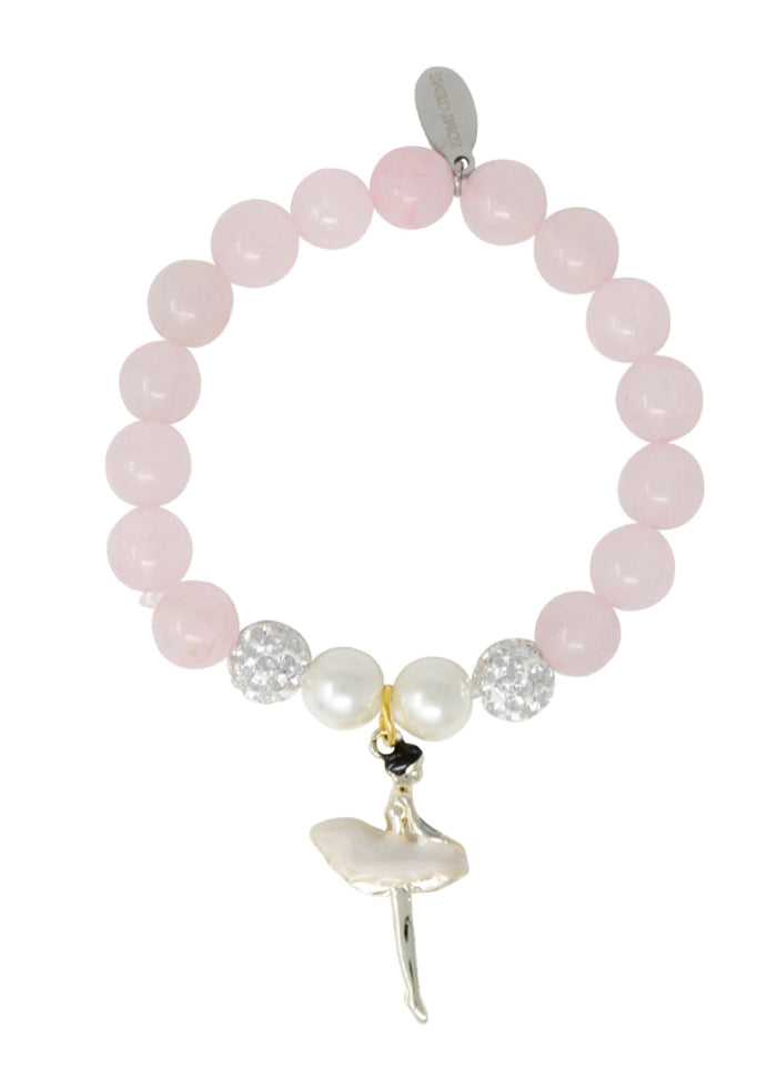 Zomi Gems T1030 Girls' Fancy Ballerina Bracelet with light pink crystal beads, sparkly silver beads, and faux pearls with a silver ballerina charm