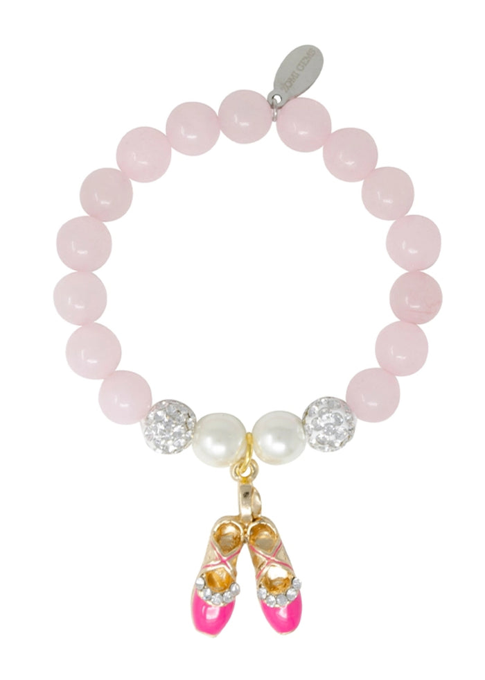 Zomi Gems T1030 Girls' Fancy Ballerina Bracelet with light pink crystal beads, sparkly silver beads, and faux pearls with a hot pink and gold ballet shoe charm