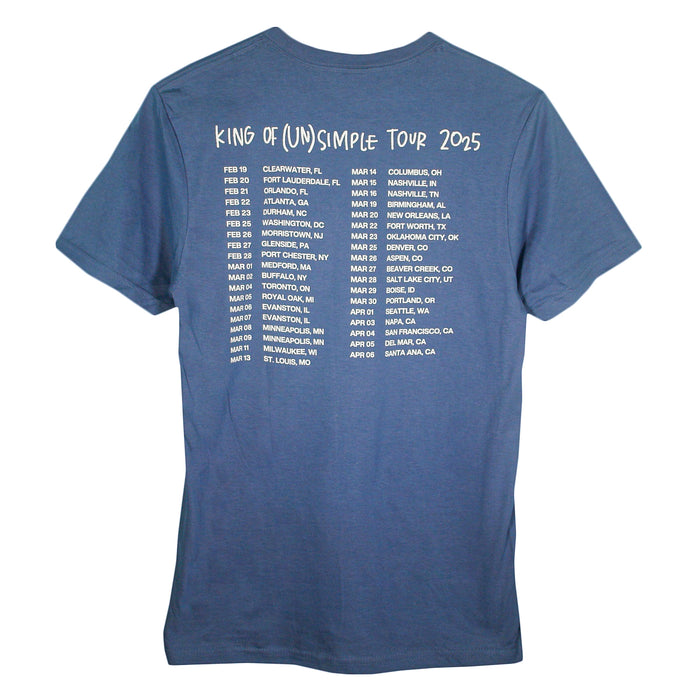 Matt Nathanson blue tee featuring "King of (Un)Simple Tour 2025" on the front, U.S. tour dates/cities in white on the back. Made from soft ring-spun cotton for a modern classic fit. Quality Gildan Softstyle you’ll love.