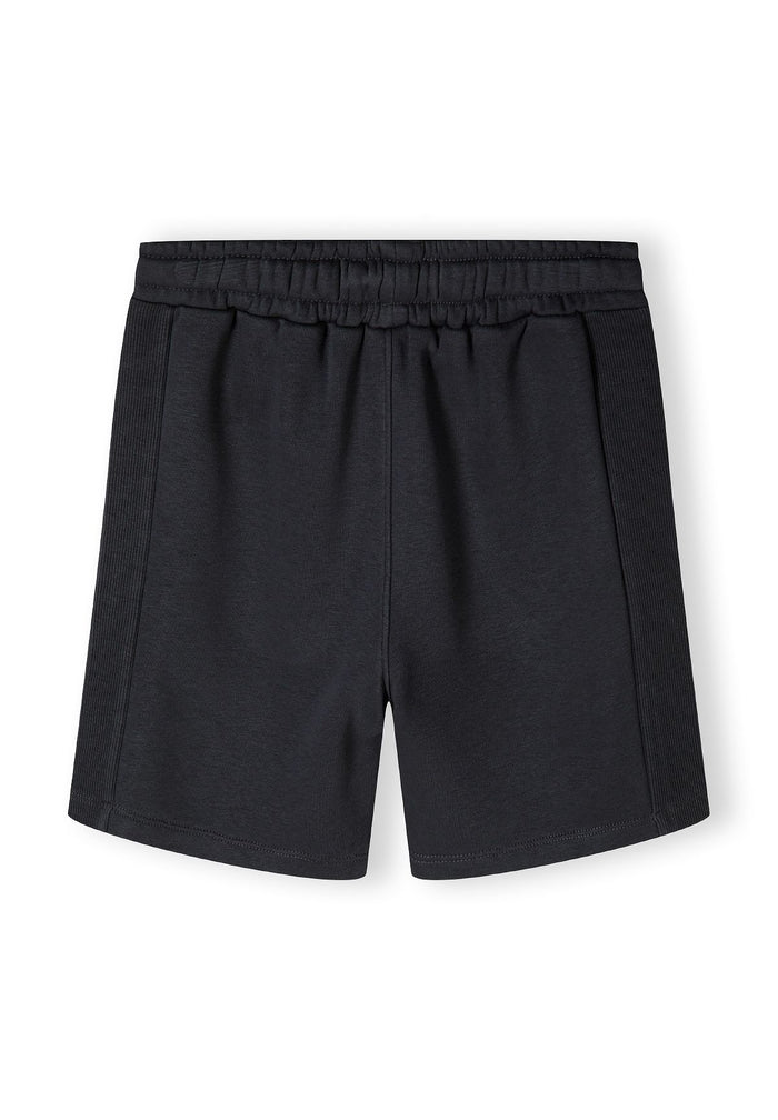Boys fleece shorts in grey, front view with ribbed fabric panels and elasticated waistband.