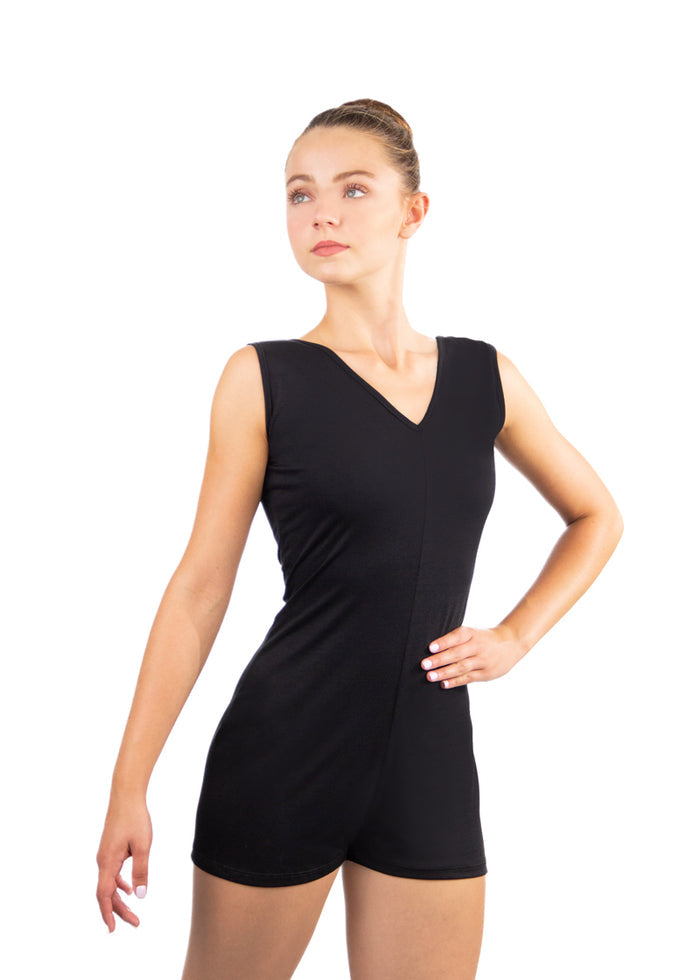 Ballet Rosa women's Fuki v-neck tank romper in black.