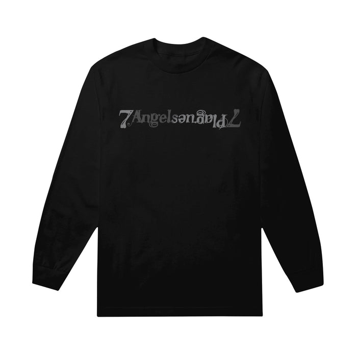 Black long-sleeve shirt by 7 Angels 7 Plagues, style 1304, featuring "7Angels and 7Plagues" in metallic reflective print across the chest.