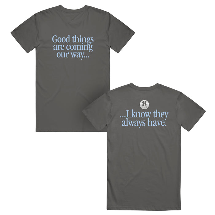 Gray t-shirt with motivational text on front and back, on a white background