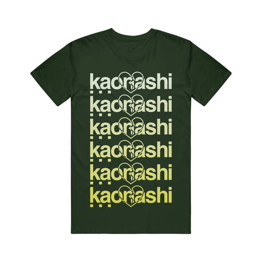 Dark green Kaonashi t-shirt with "kacrnashi" repeated six times in a fading yellow gradient and heart outlines, vertically arranged on the front.