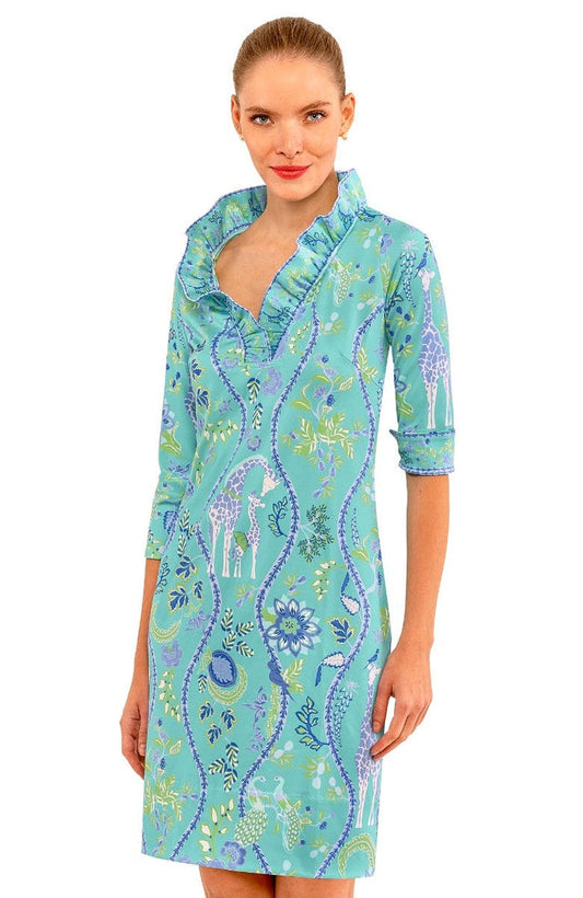 Gretchen Scott Ruff Neck Jersey Dress - Jungle Symphony - Turquoise/White