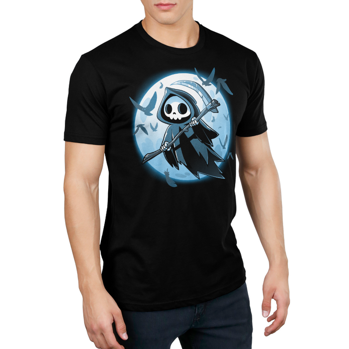 Premium Cotton T-shirt_TeeTurtle
Grim Ravens black t-shirt featuring a grim reaper holding its scythe flying near the full moon surrounded by silhouettes of black ravens.