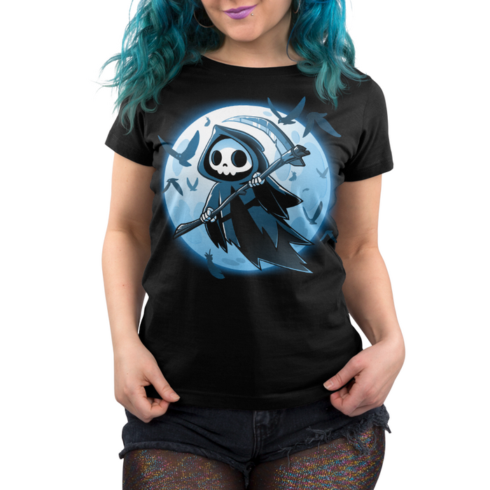 Premium Cotton T-shirt_TeeTurtle
Grim Ravens black t-shirt featuring a grim reaper holding its scythe flying near the full moon surrounded by silhouettes of black ravens.