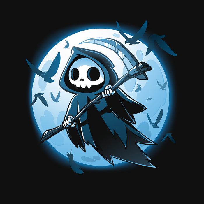 Classic Cotton T-shirt_TeeTurtle
Grim Ravens black t-shirt featuring a grim reaper holding its scythe flying near the full moon surrounded by silhouettes of black ravens.
