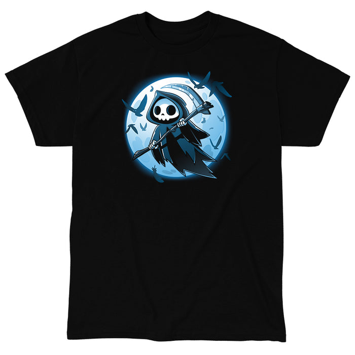 Classic Cotton T-shirt_TeeTurtle
Grim Ravens black t-shirt featuring a grim reaper holding its scythe flying near the full moon surrounded by silhouettes of black ravens.