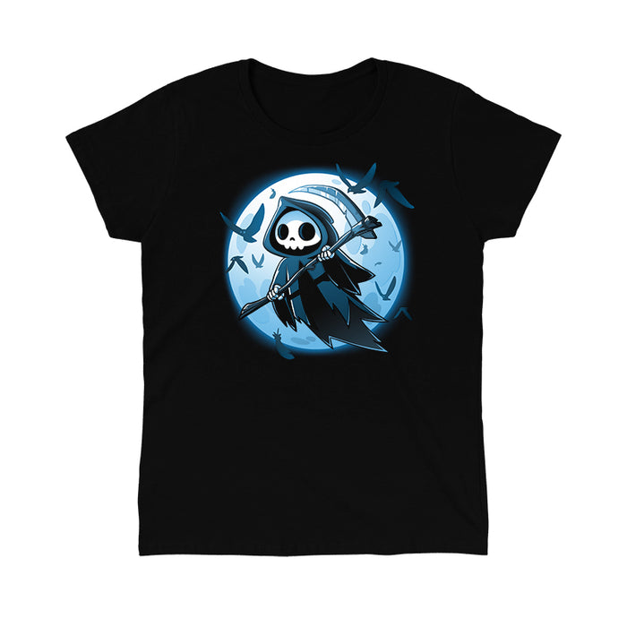 Classic Cotton T-shirt_TeeTurtle
Grim Ravens black t-shirt featuring a grim reaper holding its scythe flying near the full moon surrounded by silhouettes of black ravens.