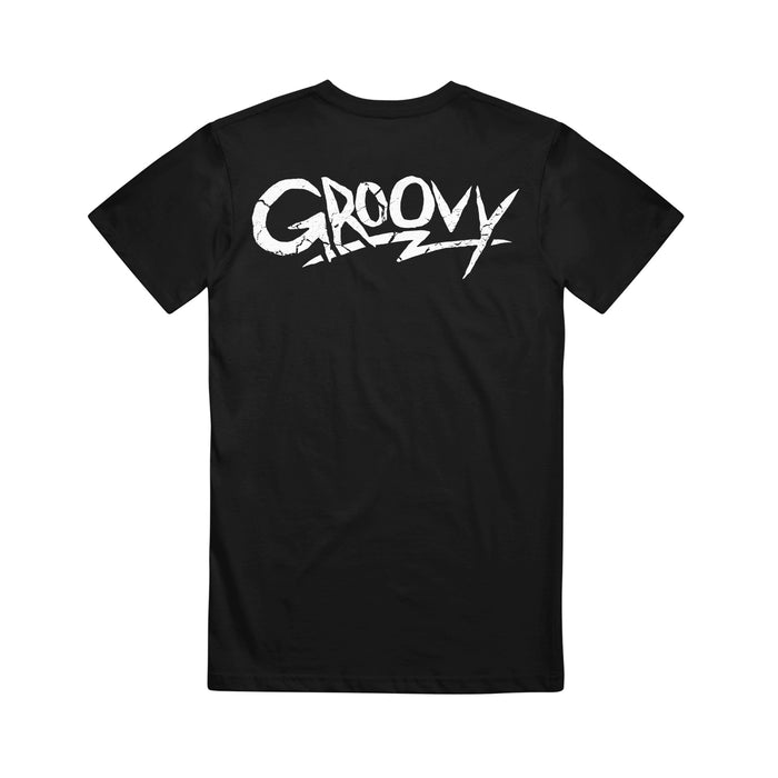 A black I Declare War shirt with "GROOVY" in large, bold, white, distressed letters across the upper back.