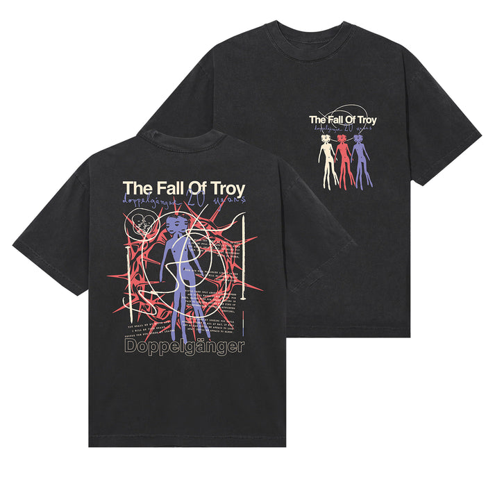 Black American Apparel T-shirt by The Fall of Troy featuring bold Doppelgänger text and vibrant abstract graphics on the back, making it a standout printed tee.