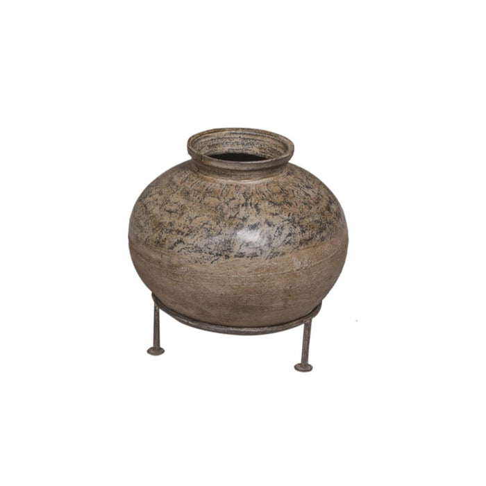 Handmade Clay Pot with Iron Stand: Front Product View
