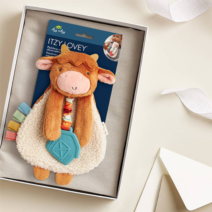 Highland Cow Itzy Friends Lovey Plush + Teether Toy - Wee Bee Baby Boutique