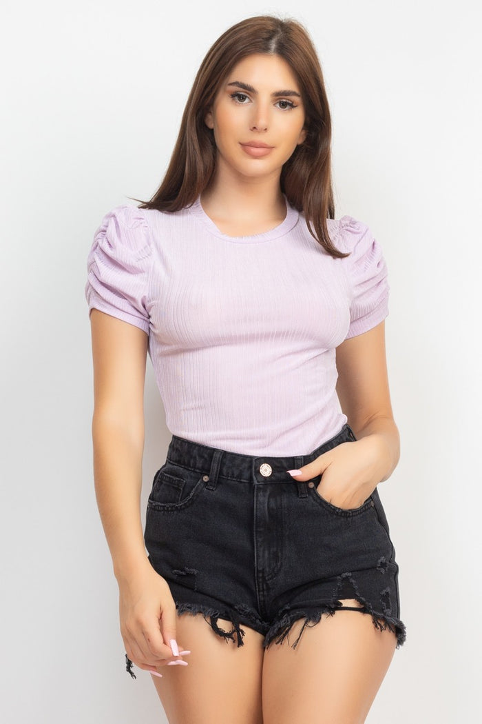 Ice Lavender Ruching Sleeve Rib Top