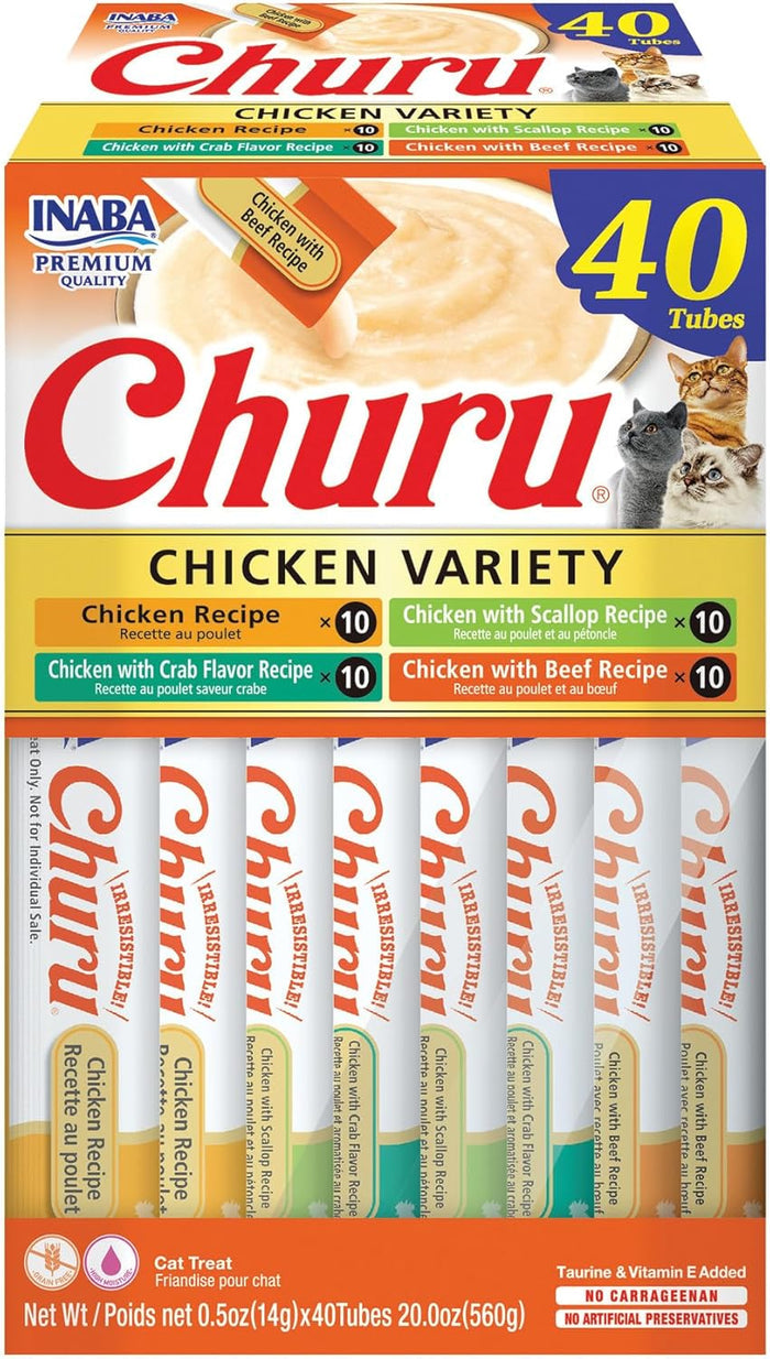 INABA Churu Cat Treats, Grain-Free, Lickable, Squeezable Creamy Purée Cat Treat/Topper with Vitamin E & Taurine, 0.5 Ounces Each Tube, 40 Tubes, Chicken Variety Box - Dog.Dog.Cat.