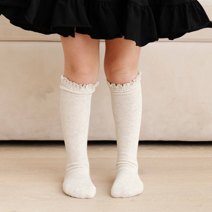 Lace Top Knee High Socks - Heathered Ivory - Wee Bee Baby Boutique