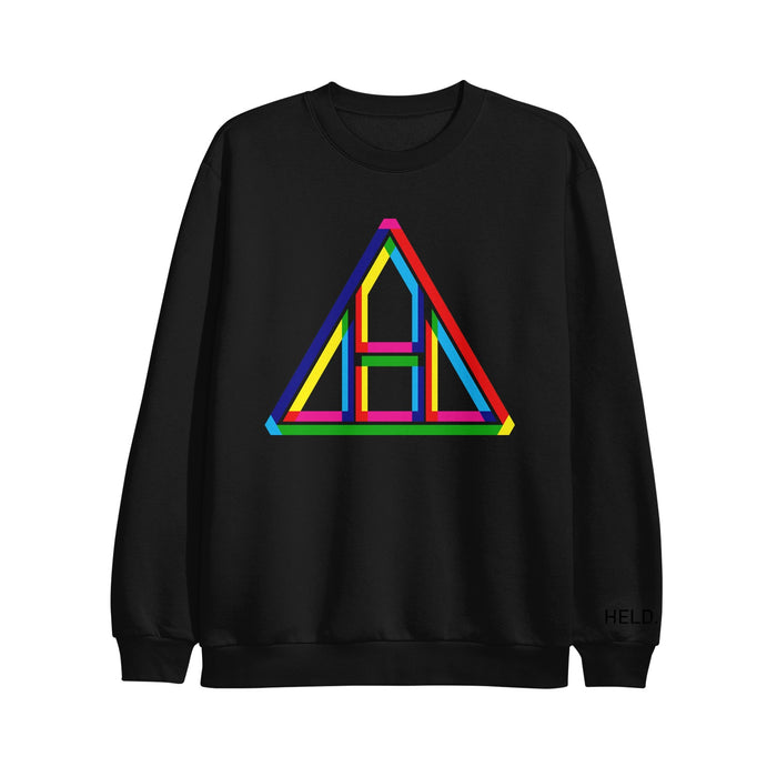 HELD black crew neck sweatshirt with a vibrant geometric triangle graphic featuring intersecting rainbow lines forming the letters A and H. Ideal for fans of bold, eye-catching printed sweatshirts.
