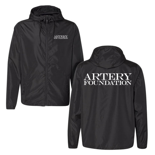 A lightweight black zip-up windbreaker by Artery Foundation, featuring bold white “ARTERY FOUNDATION” print on the left chest and back, water-resistant, shown in front and back views.