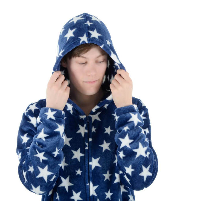 Mens All in One Pyjamas White Stars Hooded Fleece Nightwear