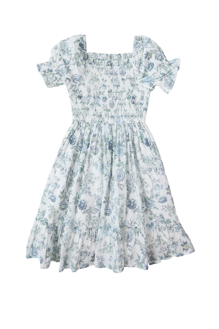 Introducing the Mini Valencia Dress in Ivory Climbing Vine Bloom by Ivy City Co—this charming cotton midi dress features a vintage-inspired floral pattern in light blue, white, and ivory hues. Designed with puffed short sleeves, a smocked bodice, square neckline, and a gathered flared skirt, it offers an effortlessly soft and feminine look.