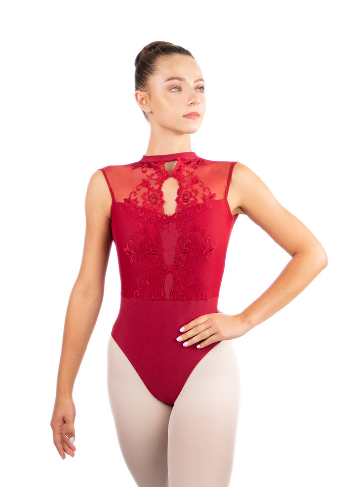 Ballet Rosa women's Mirielle high neck leotard in red with mesh shoulders and lace keyhole overlay.