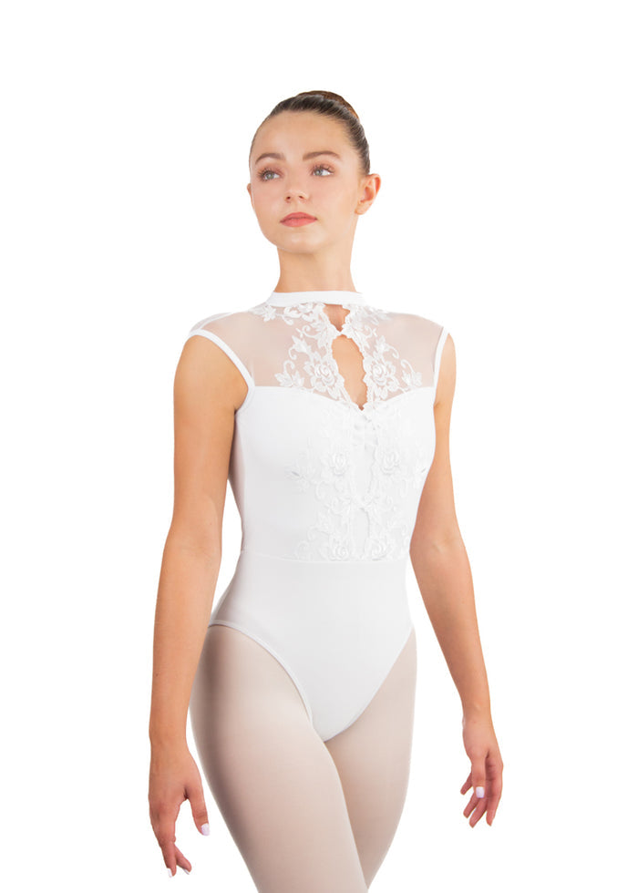 Ballet Rosa women's Mirielle high neck leotard in white with mesh shoulders and lace keyhole overlay.
