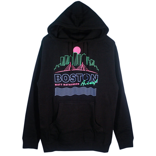 Matt Nathanson black XX-Large hoodie features a neon Boston skyline, pink sun, Boston Tour 2022, Acoustic and artist name above blue wavy lines, plus a large front pocket and hood.