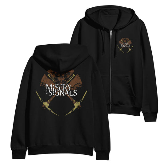 Misery Signals zip-up hoodie with the band name over two crossed axes on the back and a smaller front left chest design. Made from soft ring-spun cotton. Hoodie shown from both front and back.