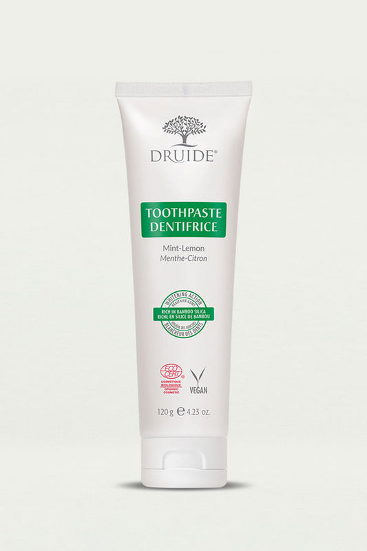 Druide Organic Mint-Lemon Toothpaste, (120 g, 4.23 oz.) Ecocert certified fluoride-free whitening action mint-lemon toothpaste shown against a clear background.