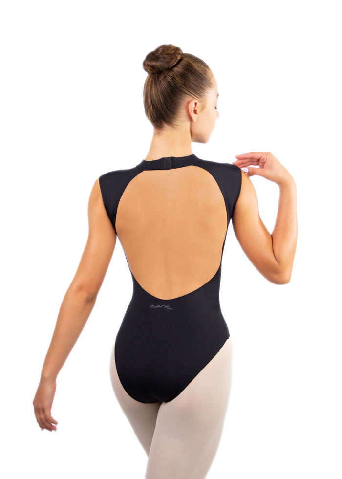 Ballet Rosa women's Paris high neck leotard in black with open back.