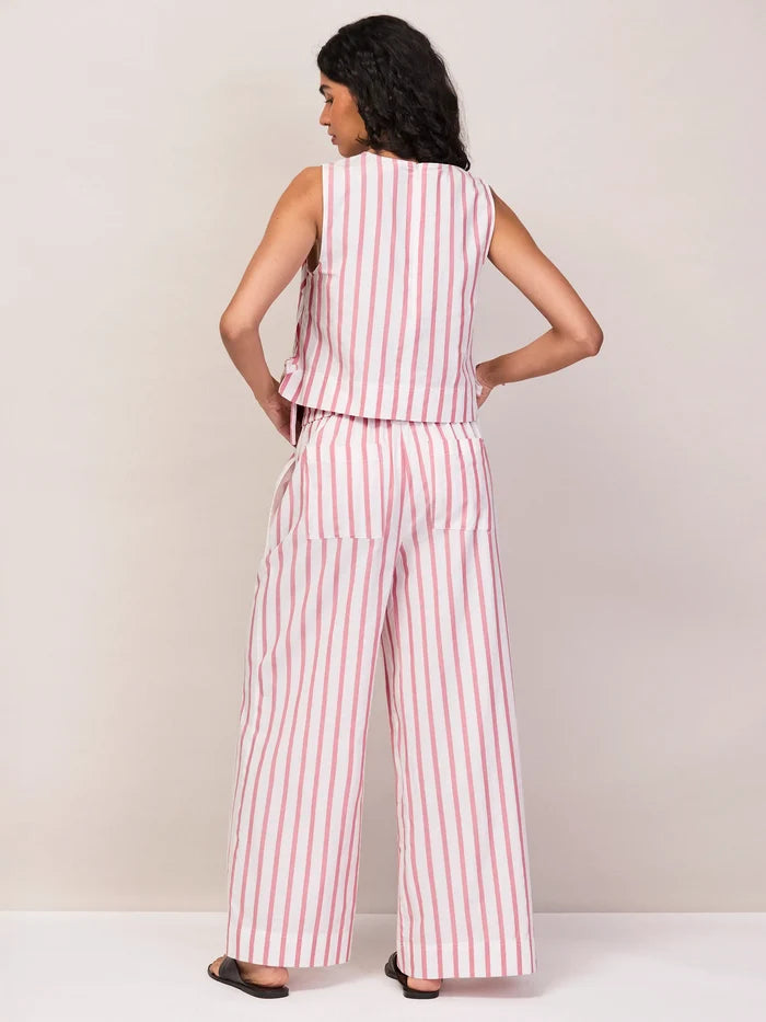 Pink Stripe Cotton Blend Trousers Co-Ord Resort Holiday Set