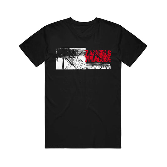 Black 7 Angels 7 Plagues American Apparel 1301 t-shirt with a white and red graphic, "7 ANGELS 7 PLAGUES MILWAUKEE WI" text, and an abstract distressed architectural illustration.