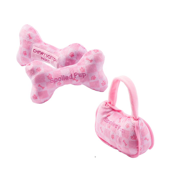 Pink Checker Purse and Bone-Shaped Chewy Vuiton Dog Toy